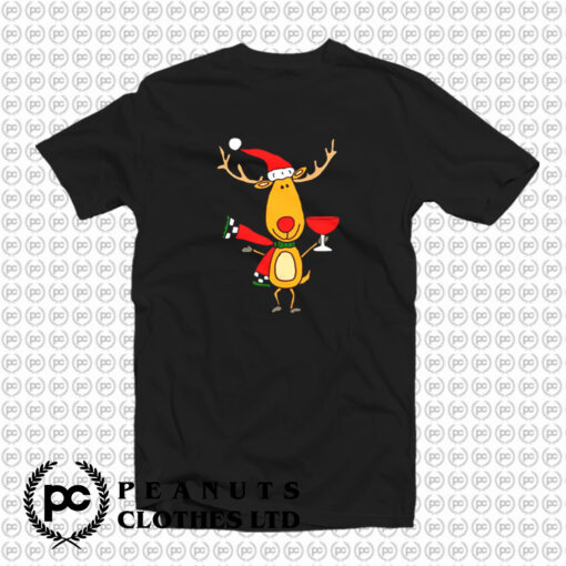 Funny Reindeer Drinking Wine Christmas Cartoon T Shirt