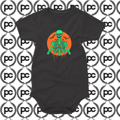 Skeleton I Love Halloween Pumpkin Heart Baby Onesie