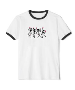 Dancing Skeletons Ribbon Cancer Halloween Ringer Black Tee