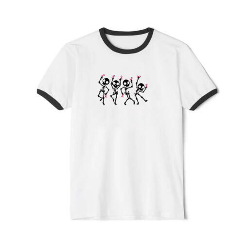 Dancing Skeletons Ribbon Cancer Halloween Ringer Black Tee