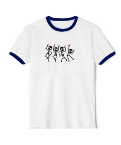 Dancing Skeletons Ribbon Cancer Halloween Ringer Navy Tee