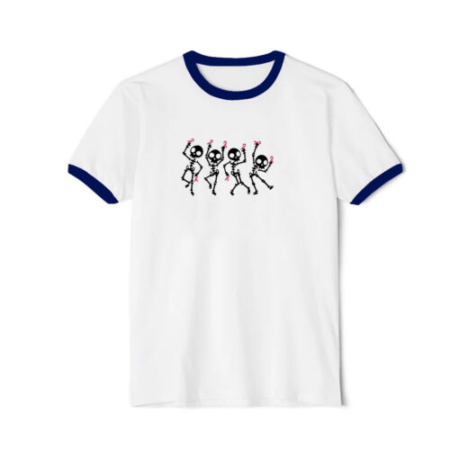 Dancing Skeletons Ribbon Cancer Halloween Ringer Navy Tee