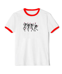 Dancing Skeletons Ribbon Cancer Halloween Ringer Red Tee