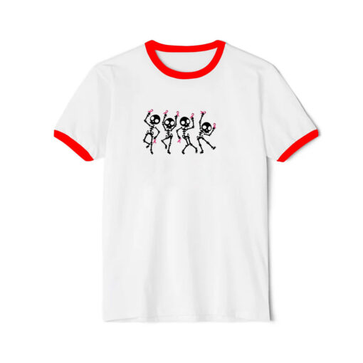 Dancing Skeletons Ribbon Cancer Halloween Ringer Red Tee