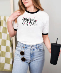 Dancing Skeletons Ribbon Cancer Halloween Ringer Tee