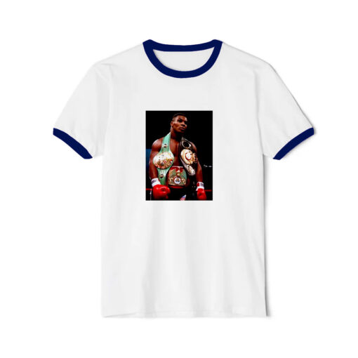 Mike Tyson With Belts Heavyweight Boxing Champion Fan Ringer Navy Tee