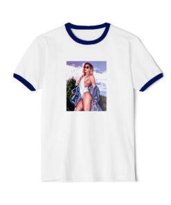 Pinup Girl Graphic Bikini Babe In One Piece Ringer Navy Tee