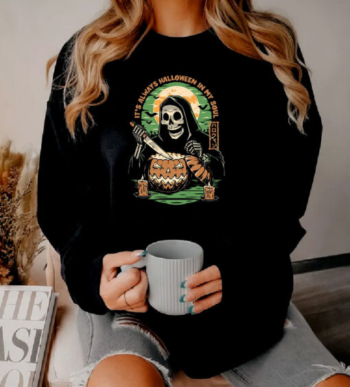 Halloween in my Soul Pumpkin Skeleton Carving Sweatshirt